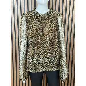 Joie Women's Top Blouse L Metallic Leopard Print Long Sleeve Sheer Lined Gold